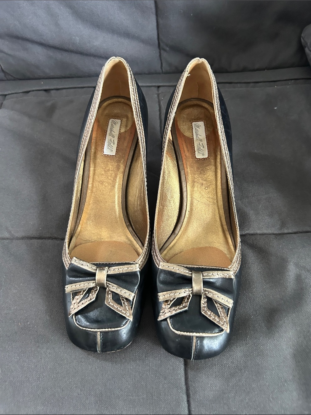 Black and Gold Bow-Trim Square-Toe Pumps